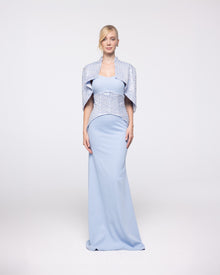 Horizon Powder Blue Strapless Gown with Capelet, front view | Helen of Troy SS27 | Maison MOOEi