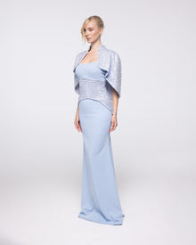 Horizon Powder Blue Strapless Gown with Capelet, front view | Helen of Troy SS27 | Maison MOOEi