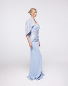 Horizon Powder Blue Strapless Gown with Capelet, front view | Helen of Troy SS27 | Maison MOOEi