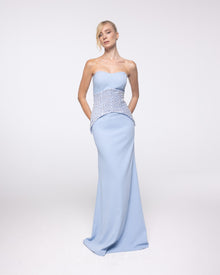 Horizon Powder Blue Strapless Gown with Capelet, front view | Helen of Troy SS27 | Maison MOOEi