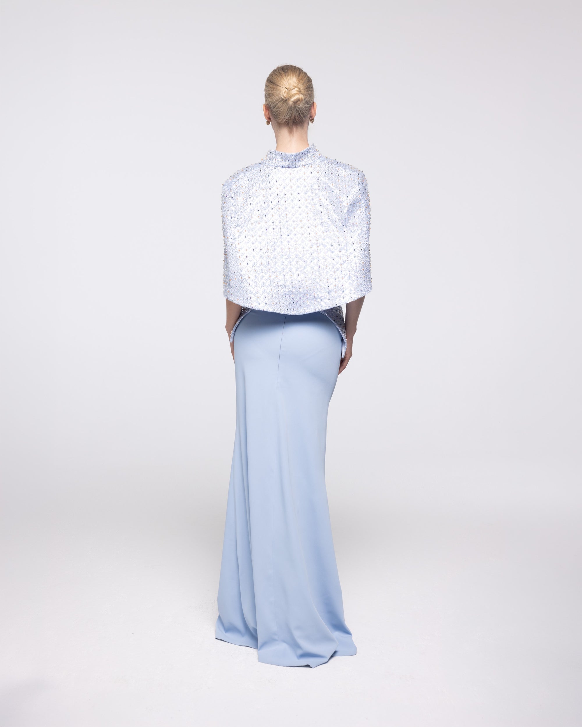 Horizon Powder Blue Strapless Gown with Capelet, back view | Helen of Troy SS27 | Maison MOOEi