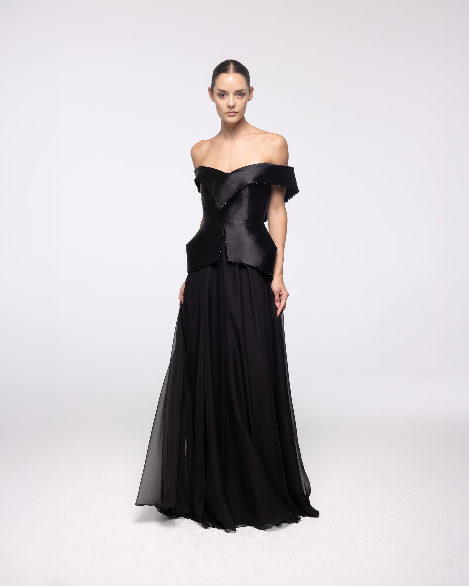 Eris Black Off Shoulder Peplum Gown