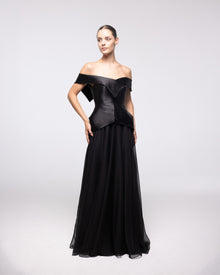 Imperia Black Off Shoulder Peplum Gown, front view | Helen of Troy SS27 | Maison MOOEi