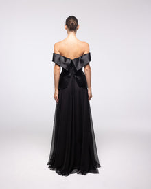 Imperia Black Off Shoulder Peplum Gown, back view | Helen of Troy SS27 | Maison MOOEi