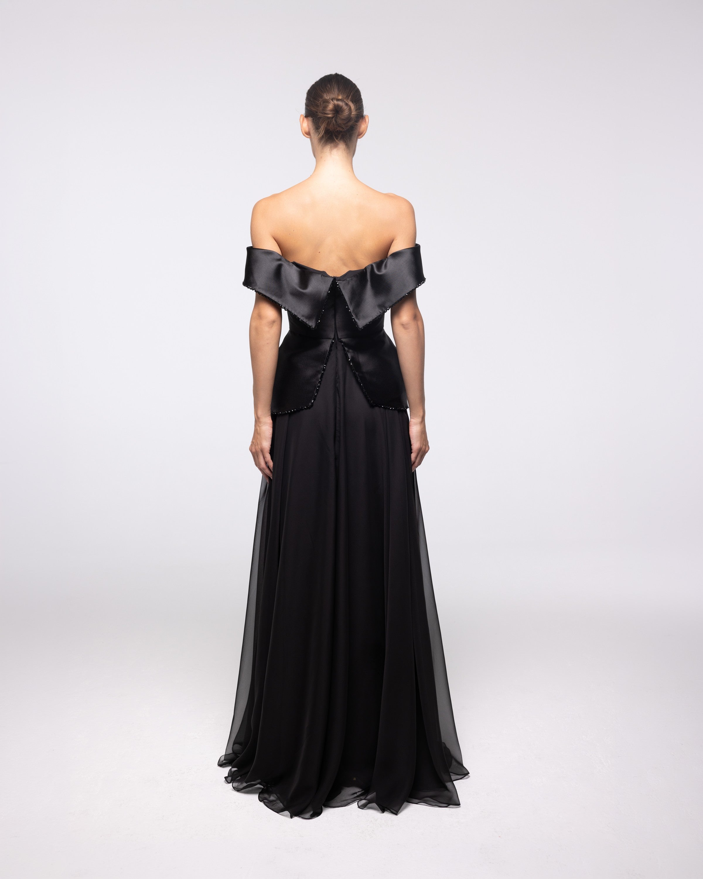 Imperia Black Off Shoulder Peplum Gown, back view | Helen of Troy SS27 | Maison MOOEi
