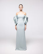 North Ice Blue Off Shoulder Satin Gown, front view | Helen of Troy SS27 | Maison MOOEi