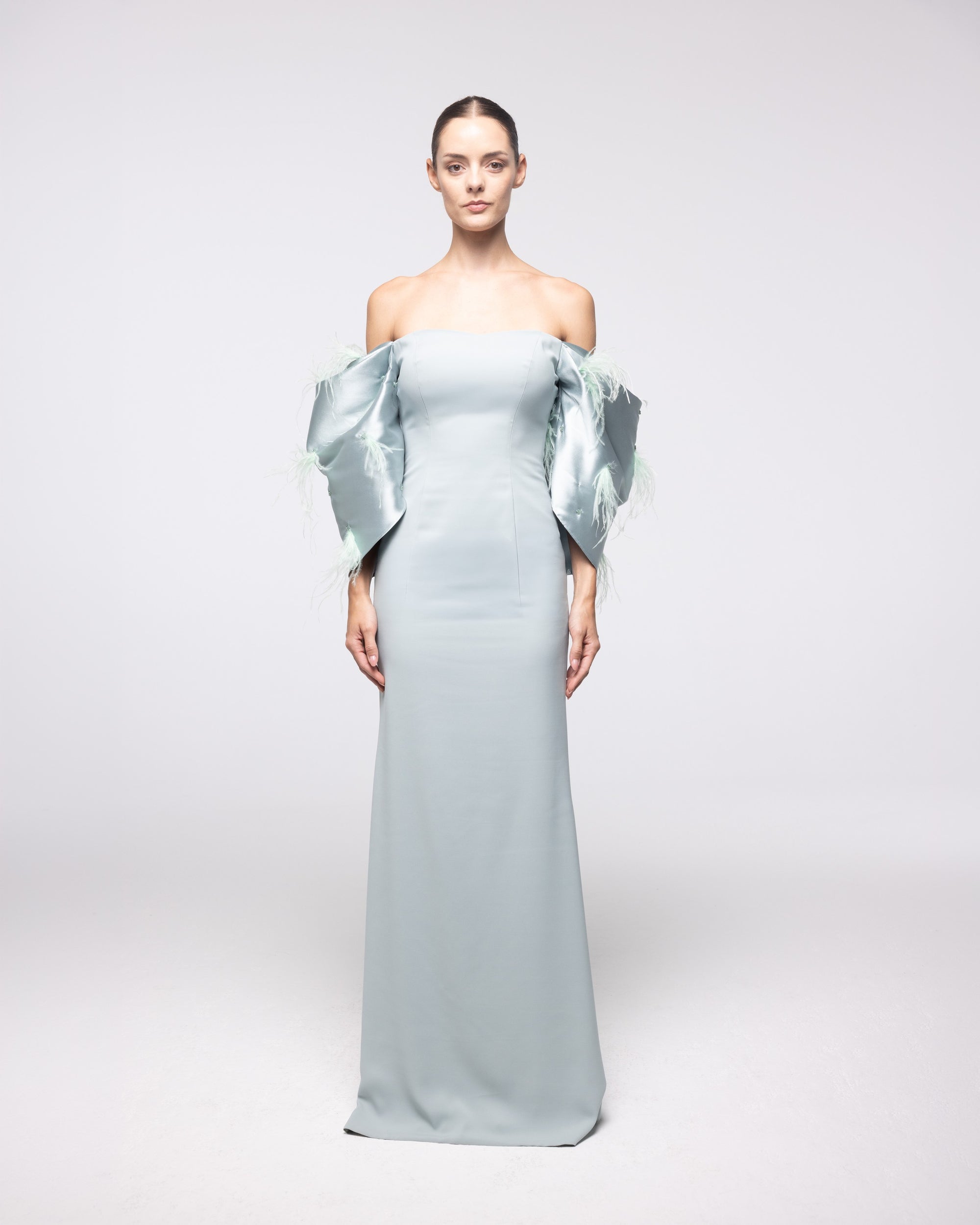 North Ice Blue Off Shoulder Satin Gown, front view | Helen of Troy SS27 | Maison MOOEi