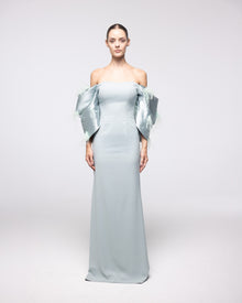 North Ice Blue Off Shoulder Satin Gown, front view | Helen of Troy SS27 | Maison MOOEi