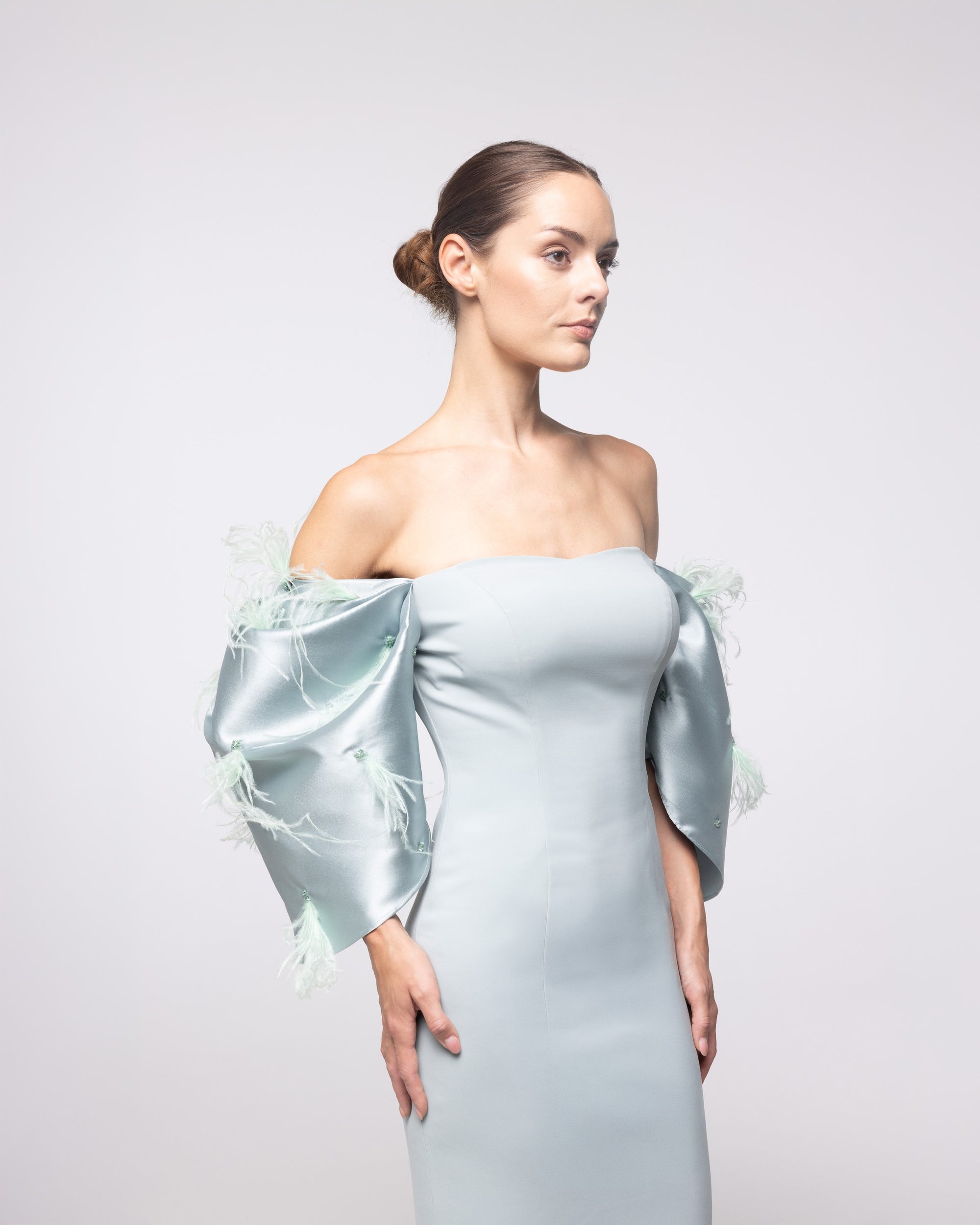 North Ice Blue Off Shoulder Satin Gown, close up detail | Helen of Troy SS27 | Maison MOOEi