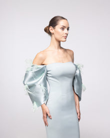 North Ice Blue Off Shoulder Satin Gown, close up detail | Helen of Troy SS27 | Maison MOOEi
