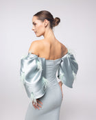 North Ice Blue Off Shoulder Satin Gown, close up detail | Helen of Troy SS27 | Maison MOOEi
