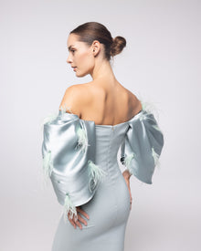 North Ice Blue Off Shoulder Satin Gown, close up detail | Helen of Troy SS27 | Maison MOOEi