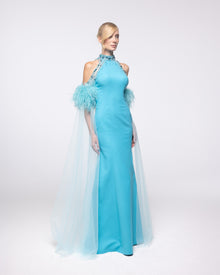 Regalia Aquamarine Feather Halter Cape Gown, front view | Helen of Troy SS27 | Maison MOOEi