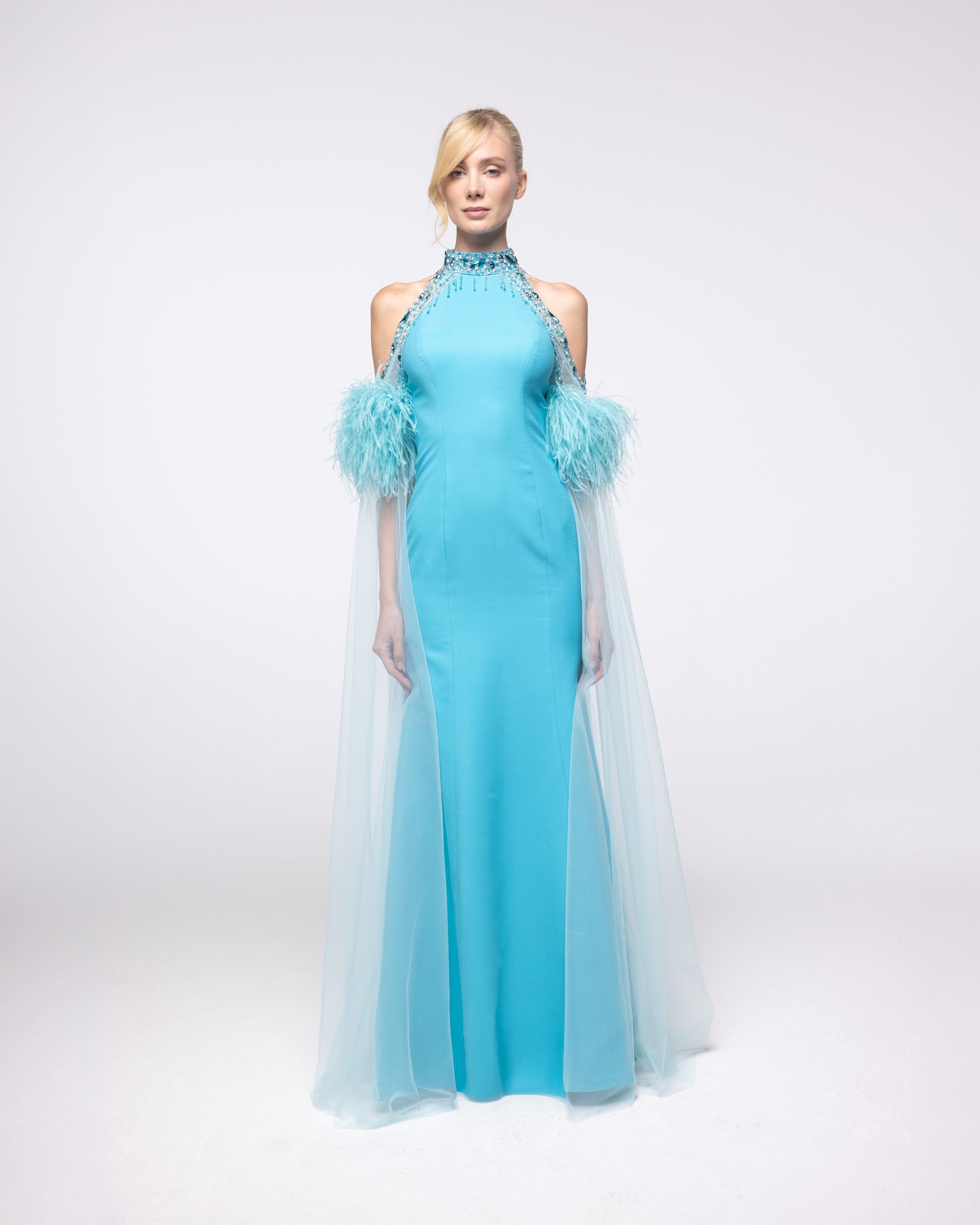 Calypso Aquamarine Feather Halter Cape Gown