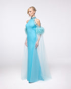 Regalia Aquamarine Feather Halter Cape Gown, front view | Helen of Troy SS27 | Maison MOOEi
