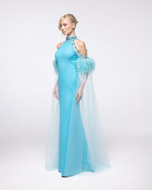 Regalia Aquamarine Feather Halter Cape Gown, front view | Helen of Troy SS27 | Maison MOOEi
