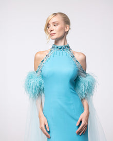 Regalia Aquamarine Feather Halter Cape Gown, close up detail | Helen of Troy SS27 | Maison MOOEi
