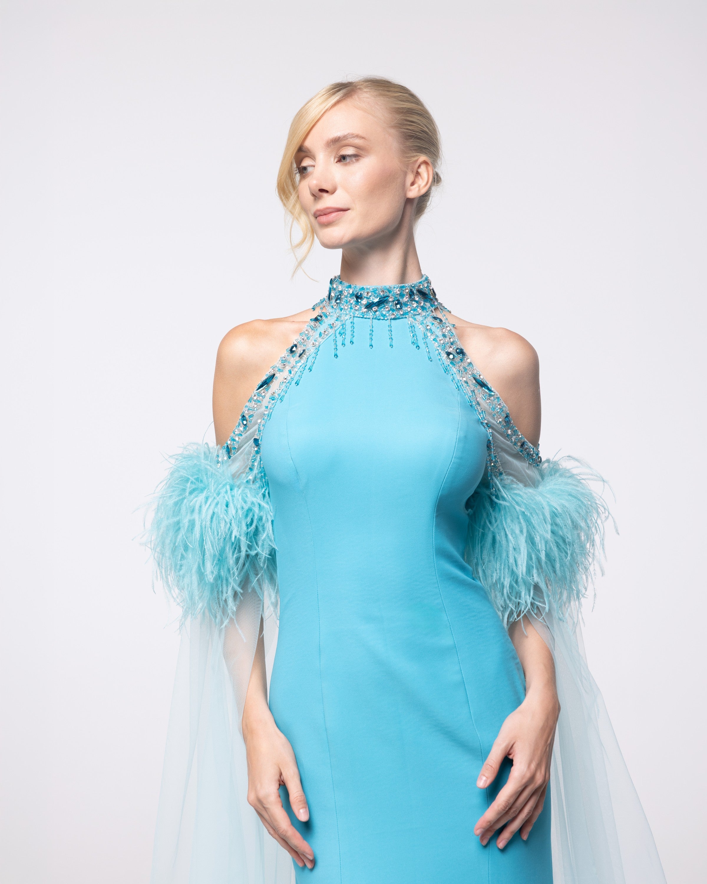 Regalia Aquamarine Feather Halter Cape Gown, close up detail | Helen of Troy SS27 | Maison MOOEi