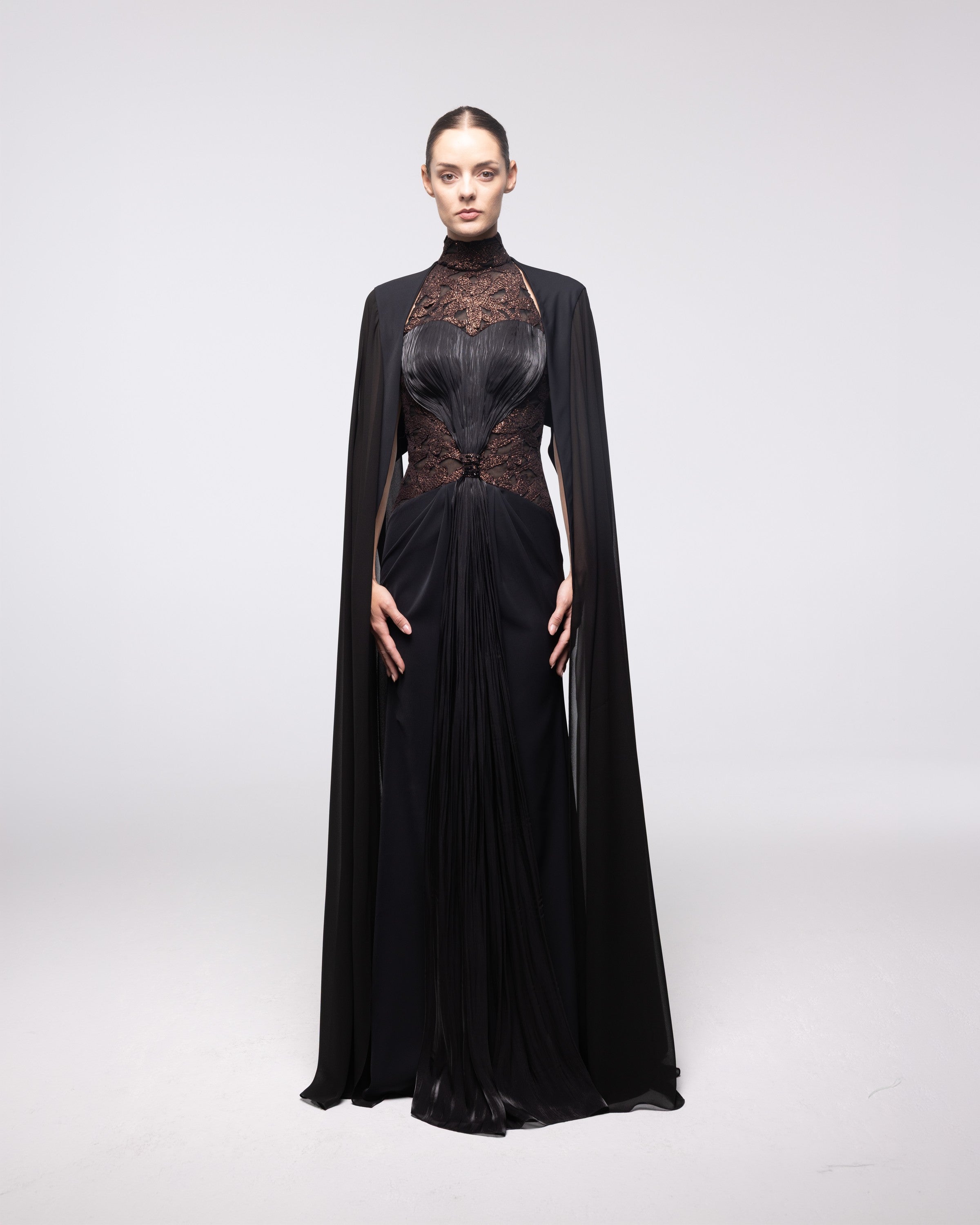 Cassiopeia Black Lace High Neck Cape Gown, front view | Helen of Troy SS27 | Maison MOOEi