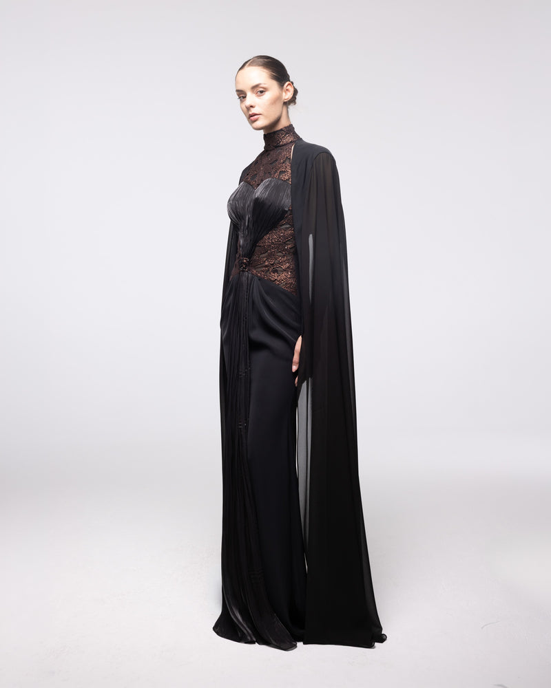Cassiopeia Black Lace High Neck Cape Gown, front view | Helen of Troy SS27 | Maison MOOEi