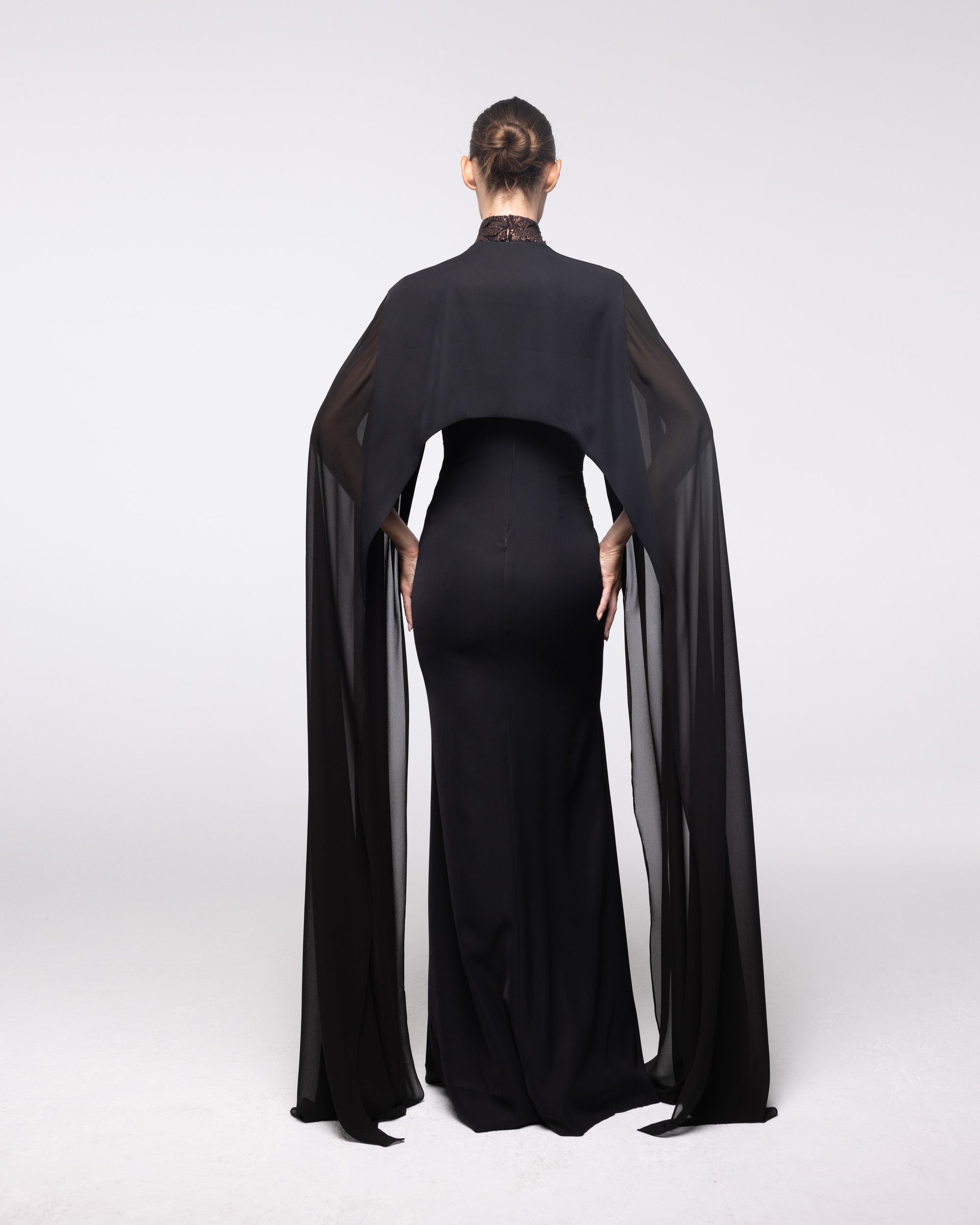 Cassiopeia Black Lace High Neck Cape Gown, back view | Helen of Troy SS27 | Maison MOOEi