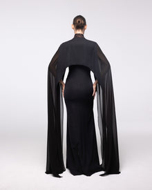 Cassiopeia Black Lace High Neck Cape Gown, back view | Helen of Troy SS27 | Maison MOOEi