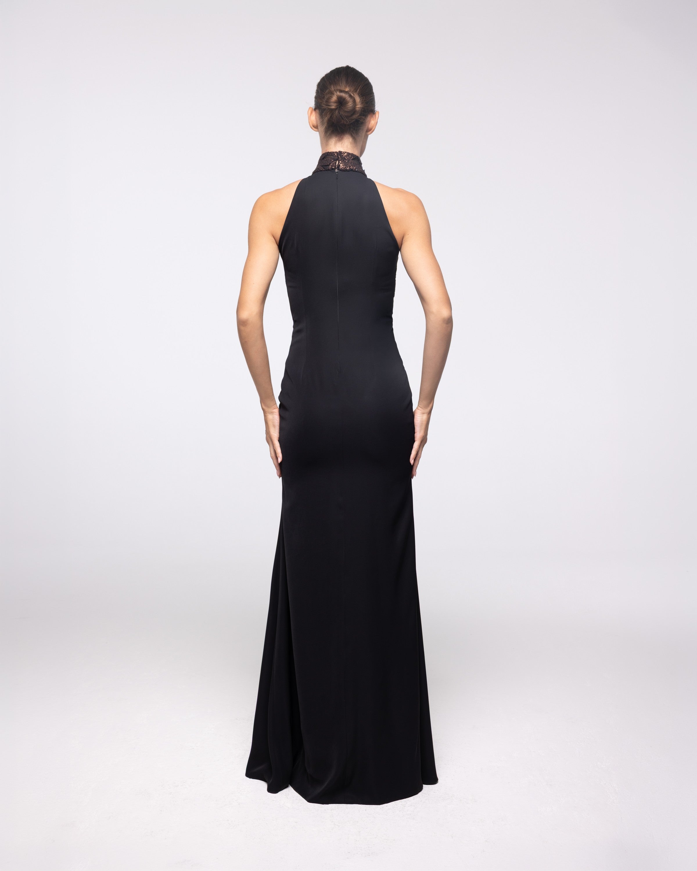 Cassiopeia Black Lace High Neck Cape Gown, back view | Helen of Troy SS27 | Maison MOOEi