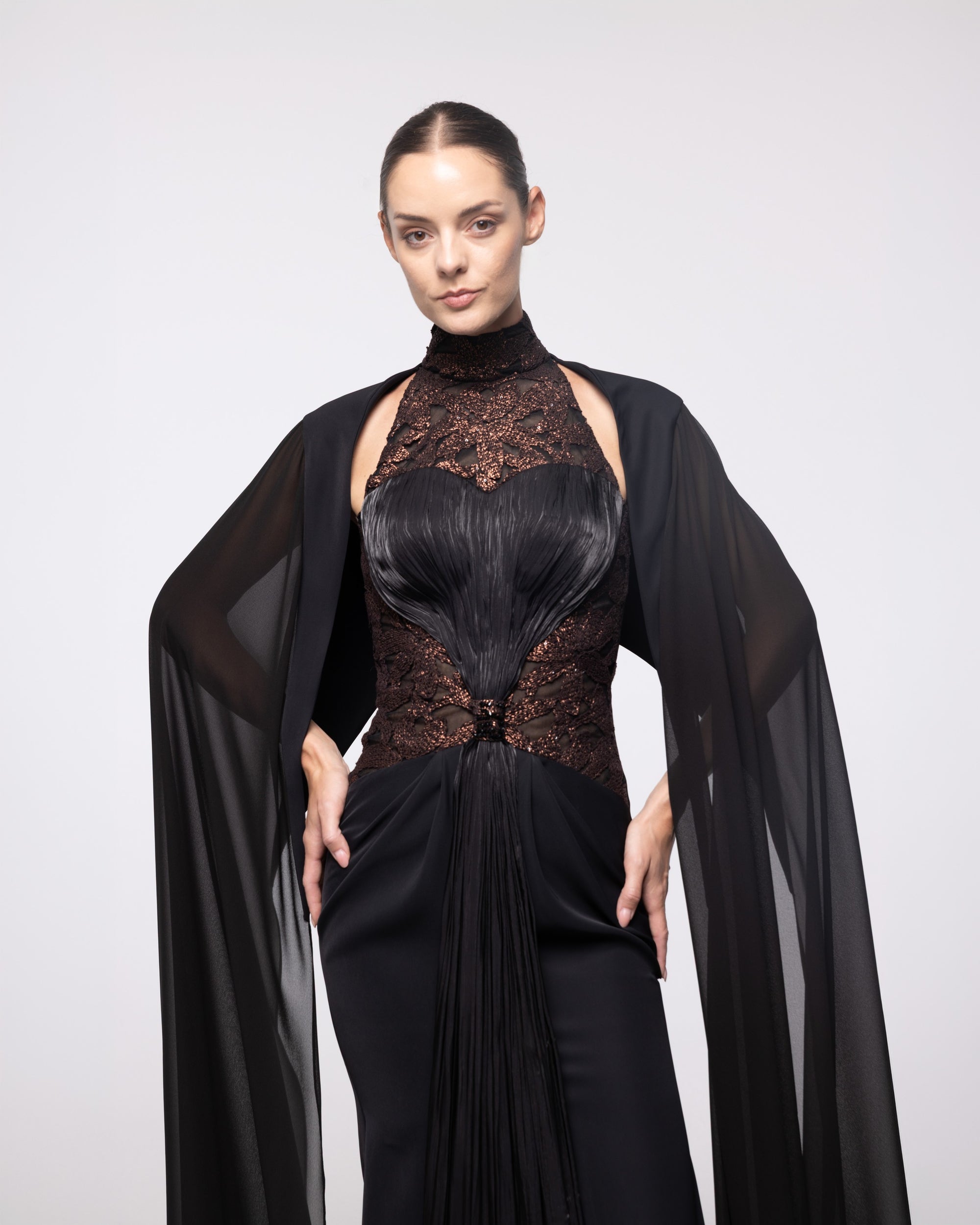 Cassiopeia Black Lace High Neck Cape Gown, close up detail | Helen of Troy SS27 | Maison MOOEi