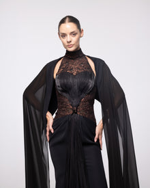 Cassiopeia Black Lace High Neck Cape Gown, close up detail | Helen of Troy SS27 | Maison MOOEi