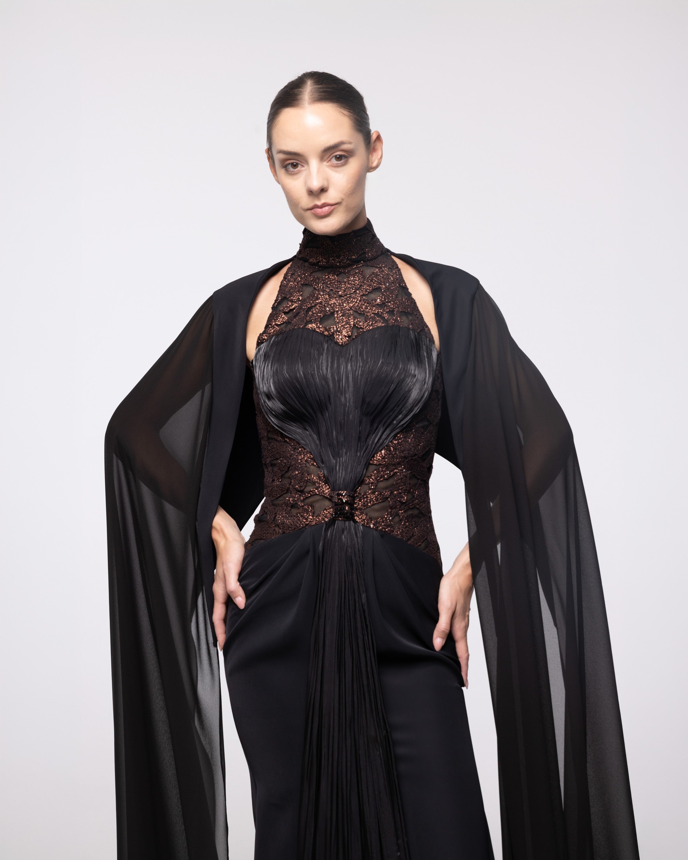 Cassiopeia Black Lace High Neck Cape Gown, close up detail | Helen of Troy SS27 | Maison MOOEi