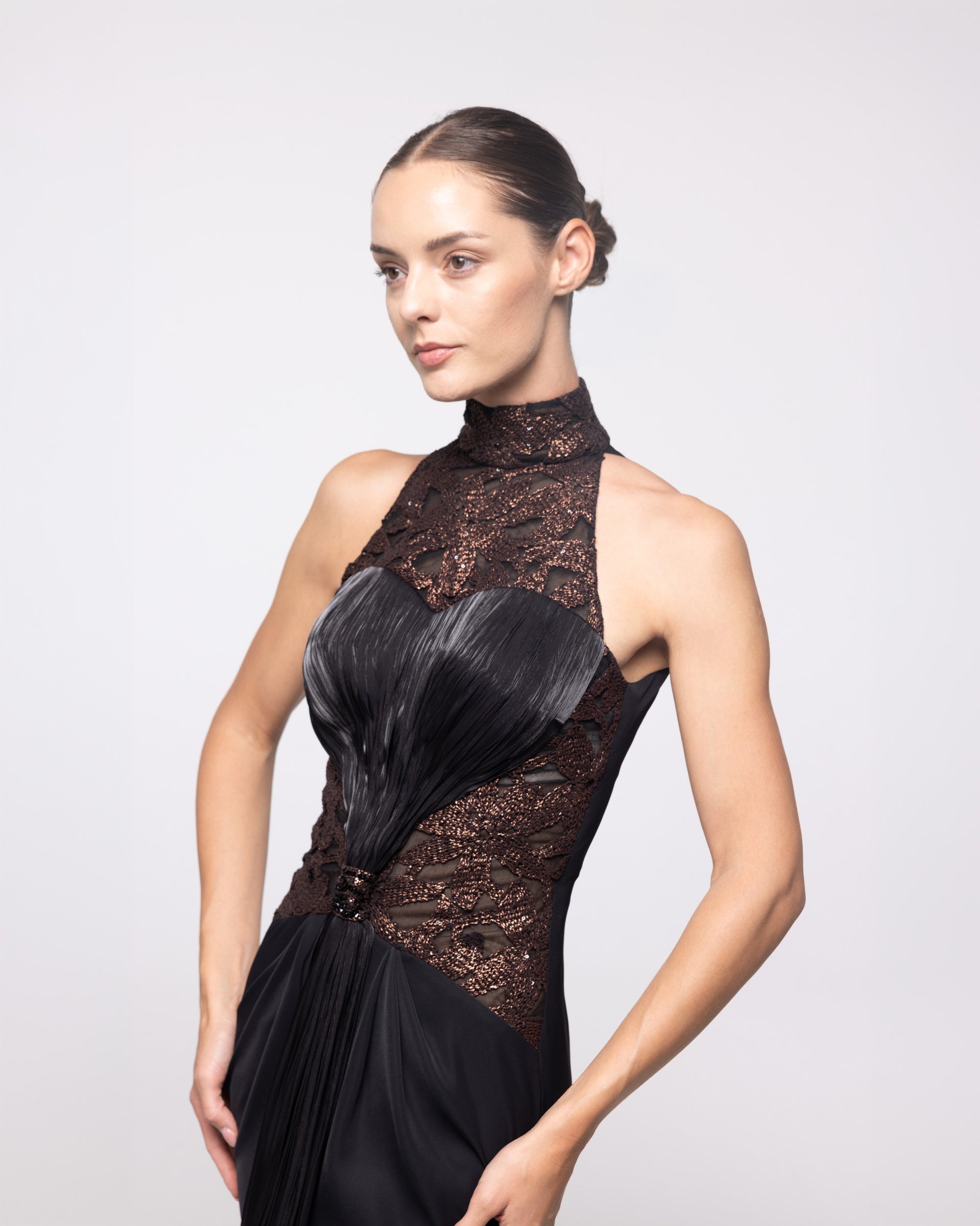 Cassiopeia Black Lace High Neck Cape Gown, close up detail | Helen of Troy SS27 | Maison MOOEi