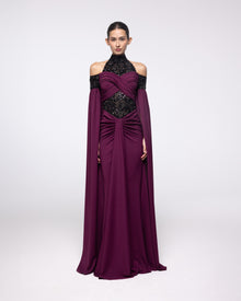 Reverence Wine Plum Lace High Neck Gown, front view | Helen of Troy SS27 | Maison MOOEi