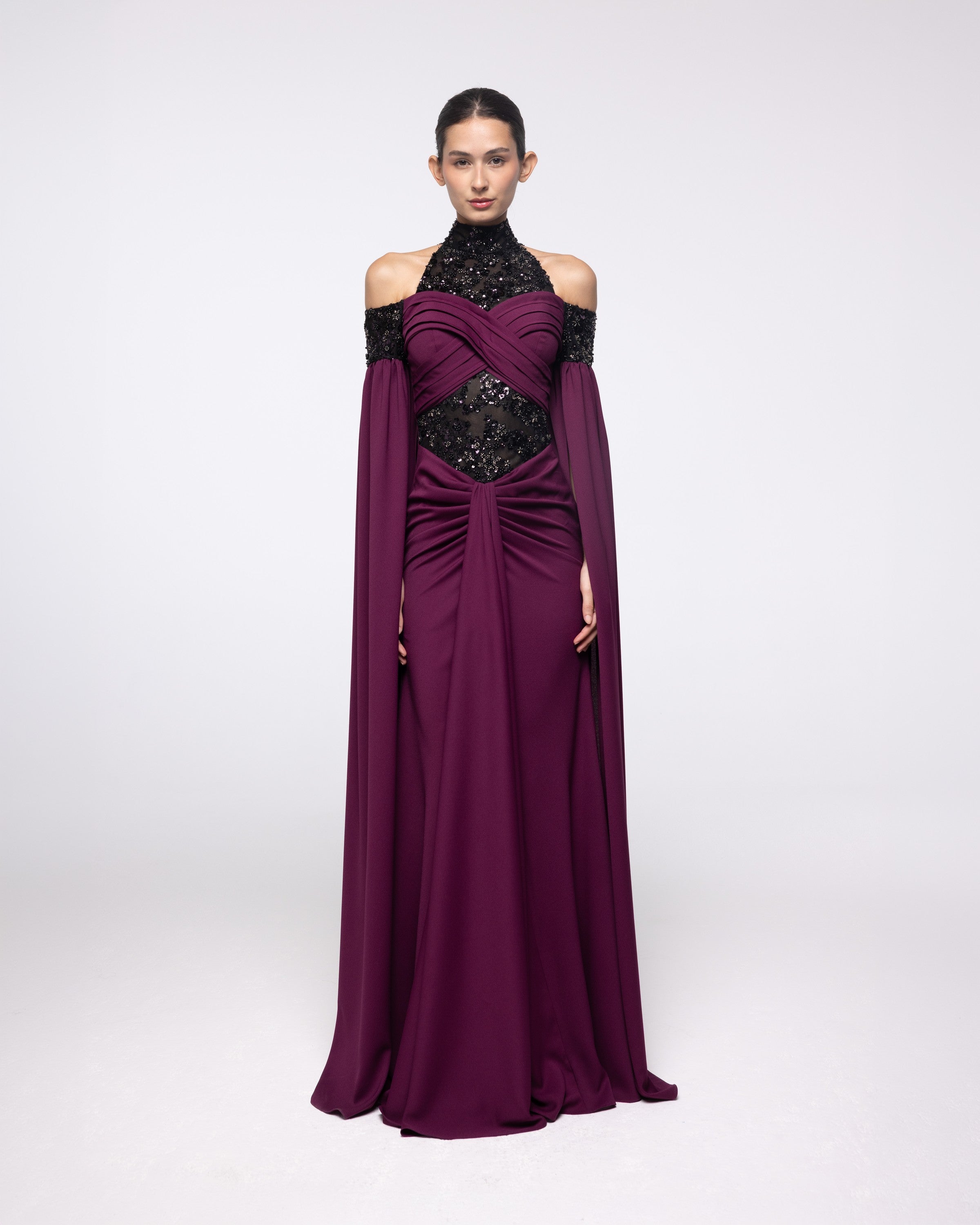 Reverence Wine Plum Lace High Neck Gown, front view | Helen of Troy SS27 | Maison MOOEi