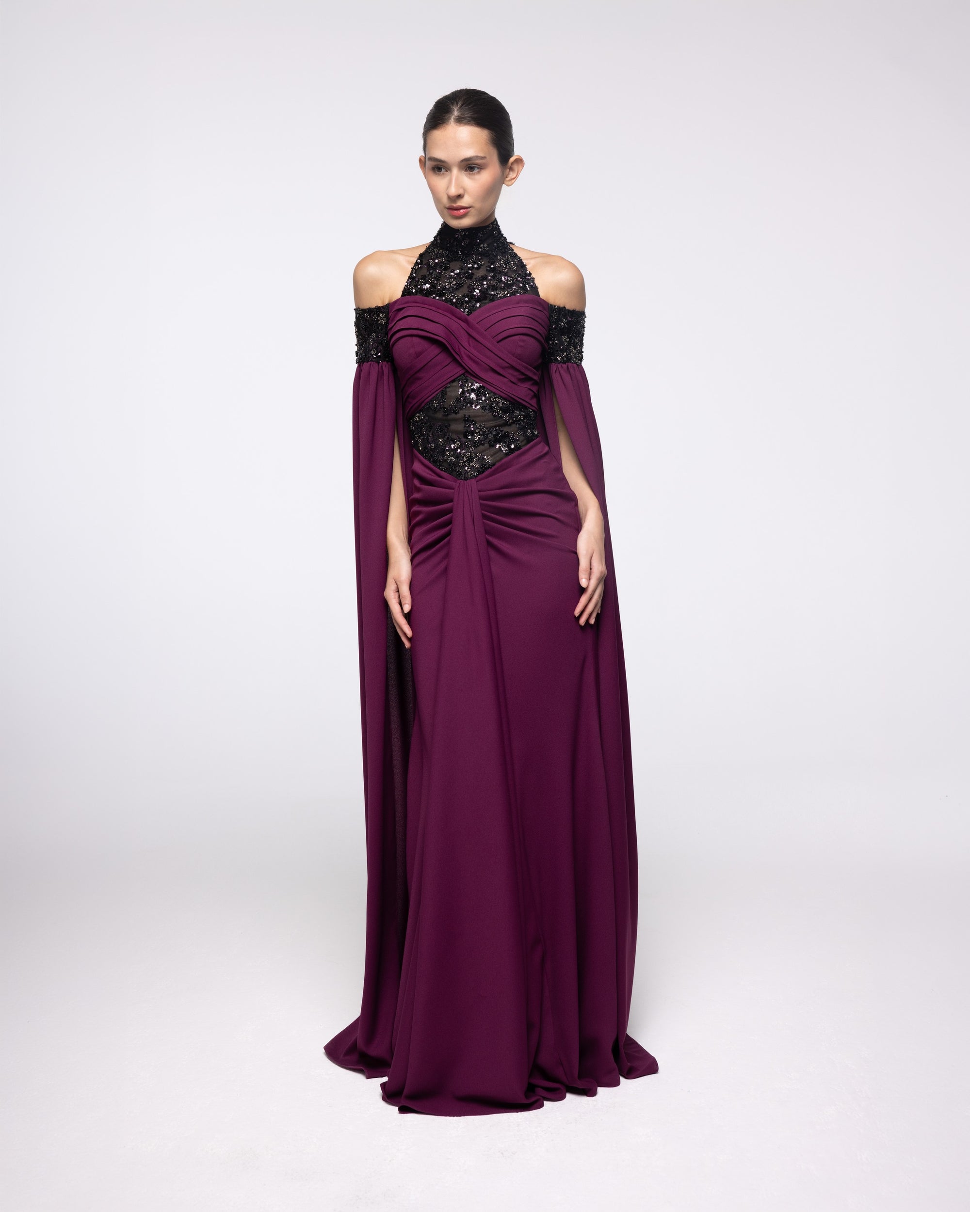 Reverence Wine Plum Lace High Neck Gown, front view | Helen of Troy SS27 | Maison MOOEi