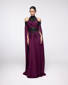 Reverence Wine Plum Lace High Neck Gown, front view | Helen of Troy SS27 | Maison MOOEi