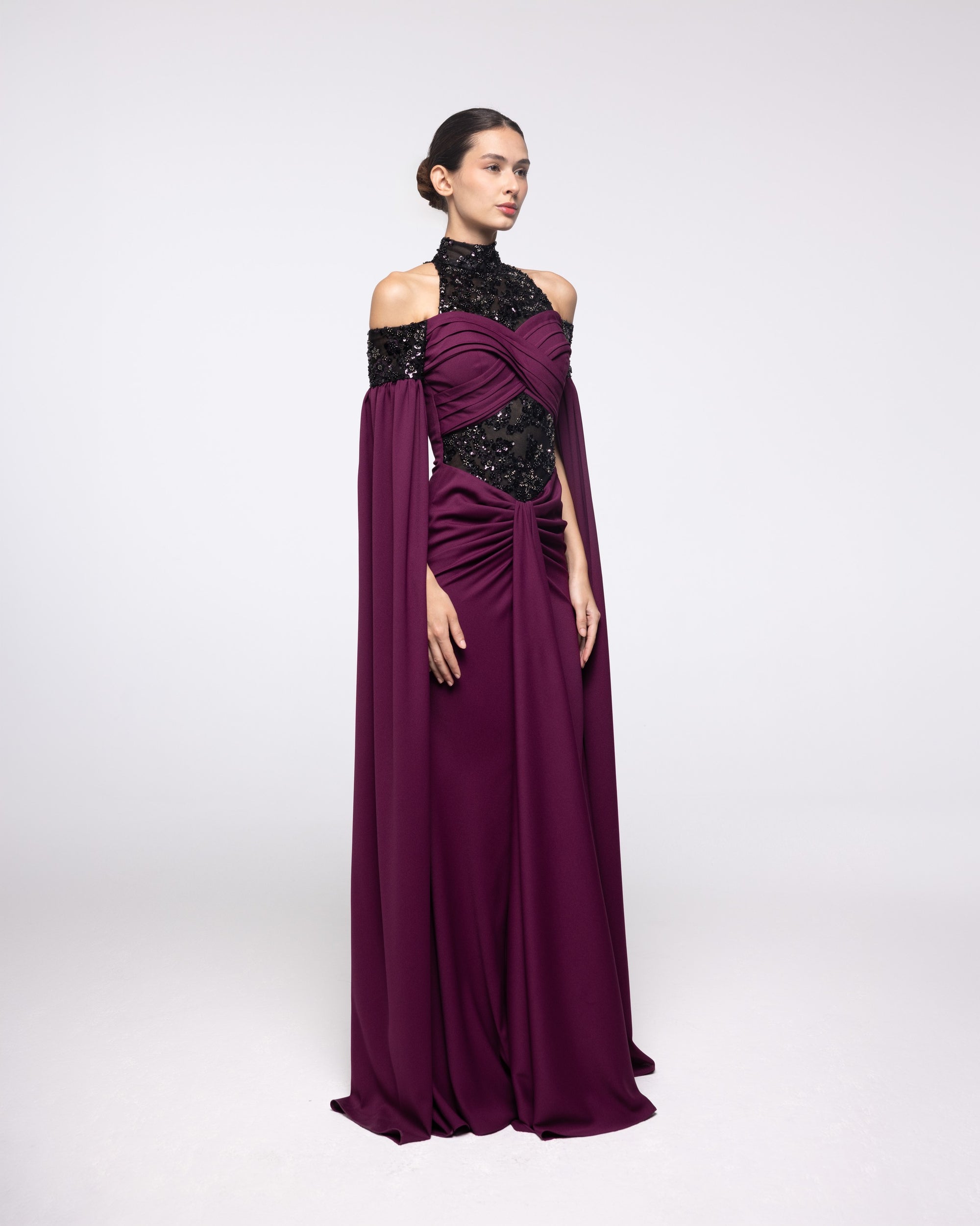 Reverence Wine Plum Lace High Neck Gown, front view | Helen of Troy SS27 | Maison MOOEi