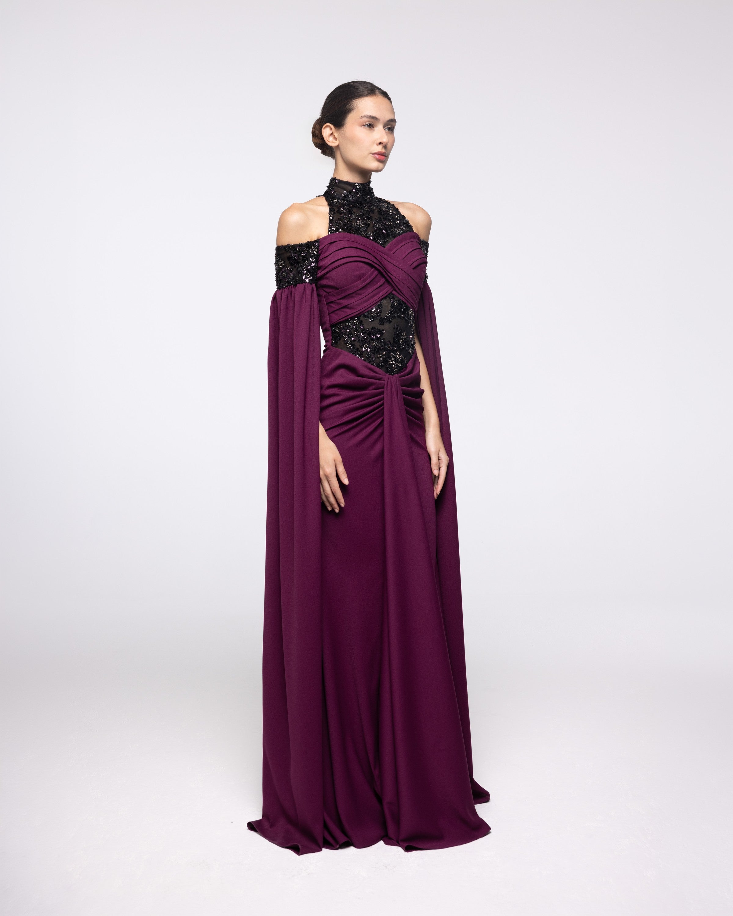 Reverence Wine Plum Lace High Neck Gown, front view | Helen of Troy SS27 | Maison MOOEi