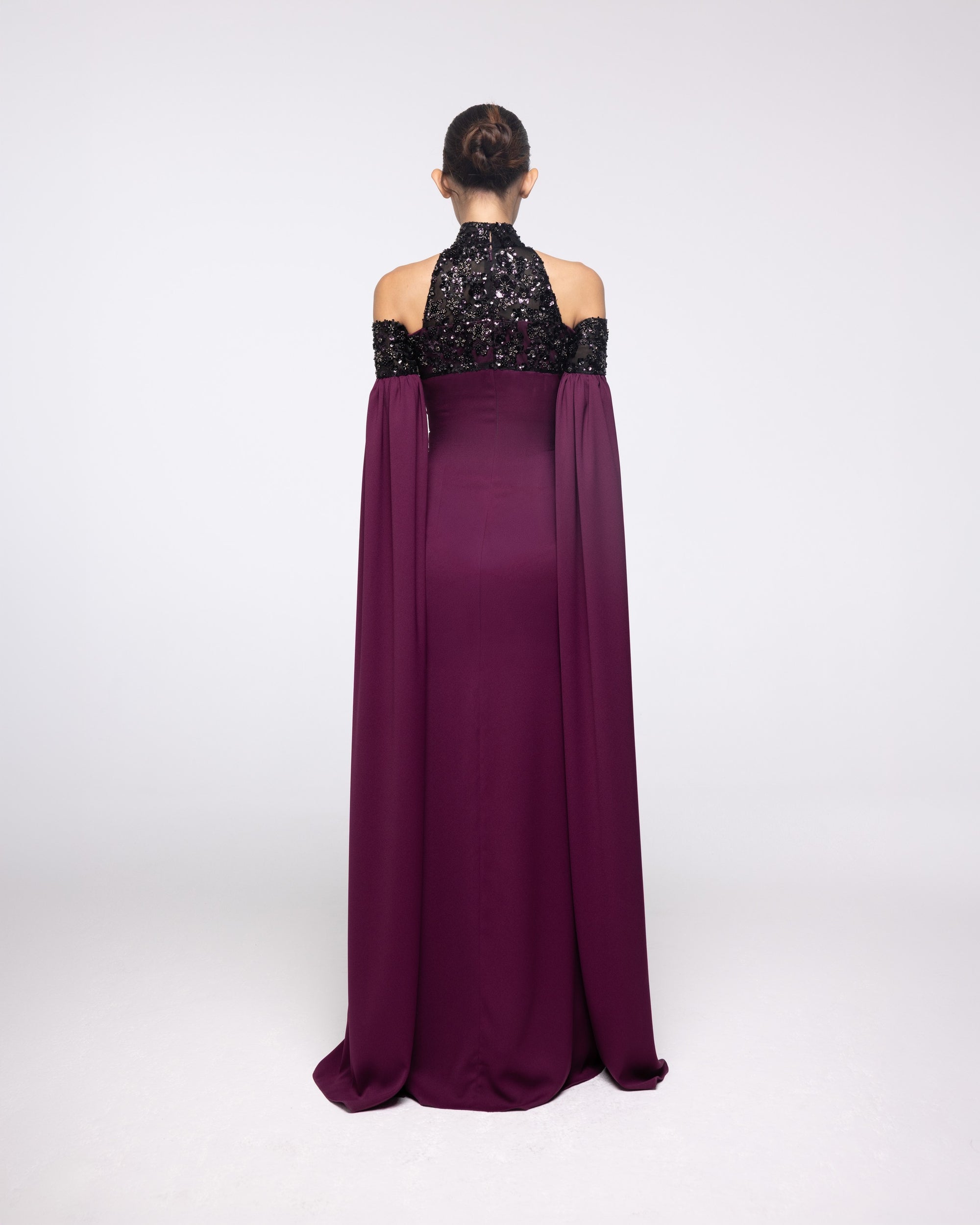 Reverence Wine Plum Lace High Neck Gown, back view | Helen of Troy SS27 | Maison MOOEi