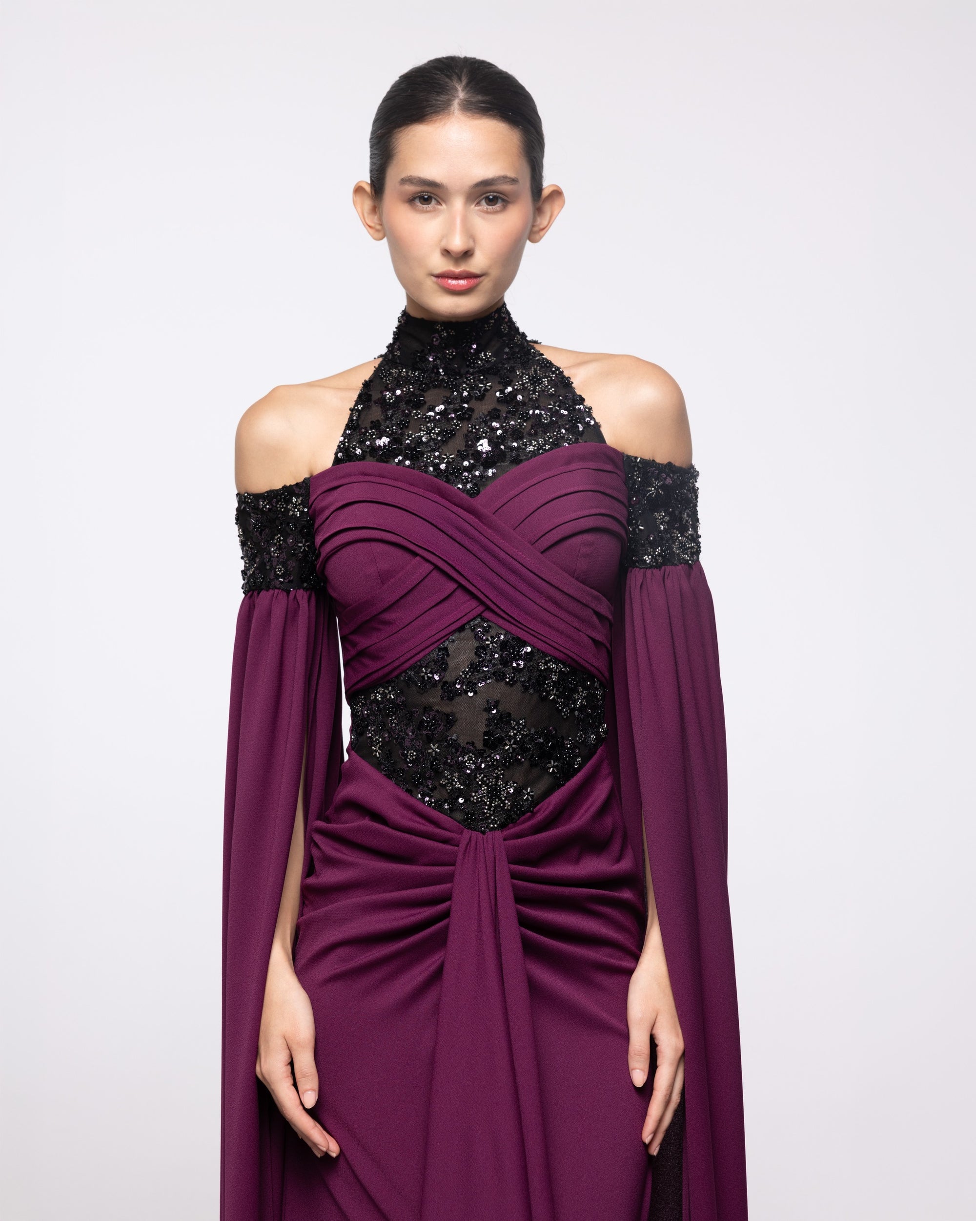 Reverence Wine Plum Lace High Neck Gown, close up detail | Helen of Troy SS27 | Maison MOOEi