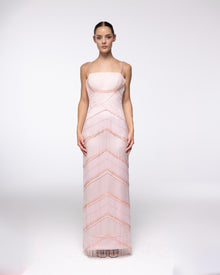Reverie Blush Tiered Fringe Gown, front view | Helen of Troy SS27 | Maison MOOEi