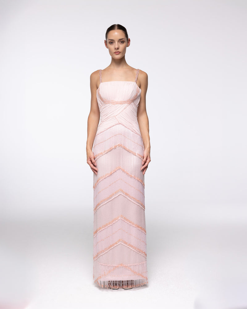 Reverie Blush Tiered Fringe Gown, front view | Helen of Troy SS27 | Maison MOOEi