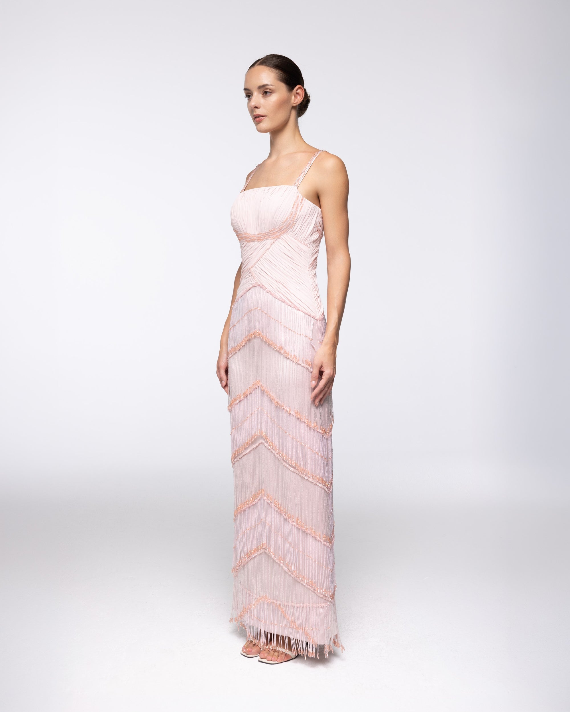 Reverie Blush Tiered Fringe Gown, front view | Helen of Troy SS27 | Maison MOOEi