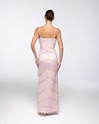 Reverie Blush Tiered Fringe Gown, back view | Helen of Troy SS27 | Maison MOOEi