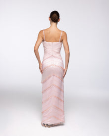Reverie Blush Tiered Fringe Gown, back view | Helen of Troy SS27 | Maison MOOEi
