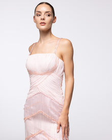 Reverie Blush Tiered Fringe Gown, close up detail | Helen of Troy SS27 | Maison MOOEi