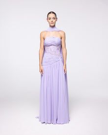 Calliope Lavender Ruched Embroidered Gown, front view | Helen of Troy SS27 | Maison MOOEi