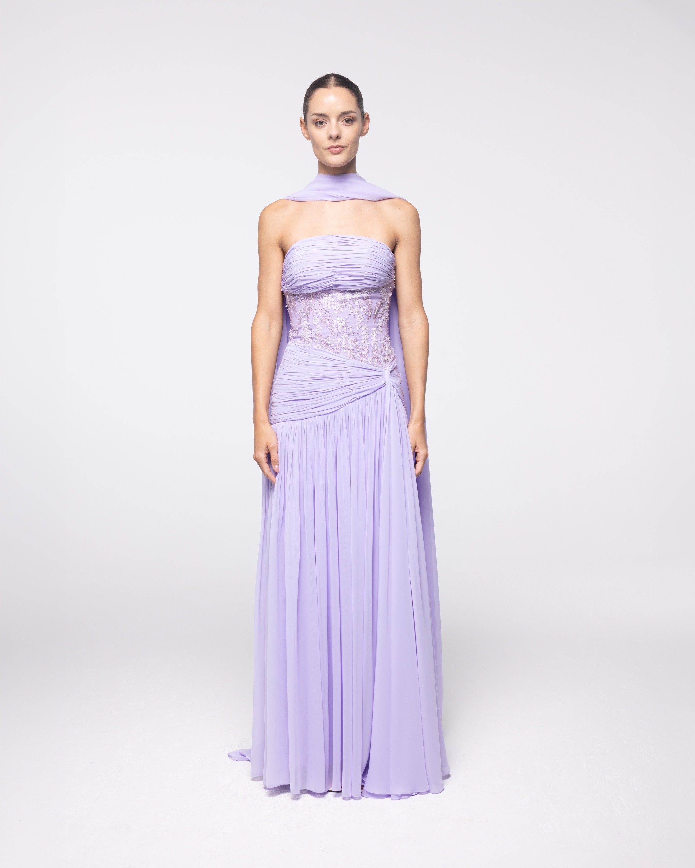 Calliope Lavender Ruched Embroidered Gown, front view | Helen of Troy SS27 | Maison MOOEi