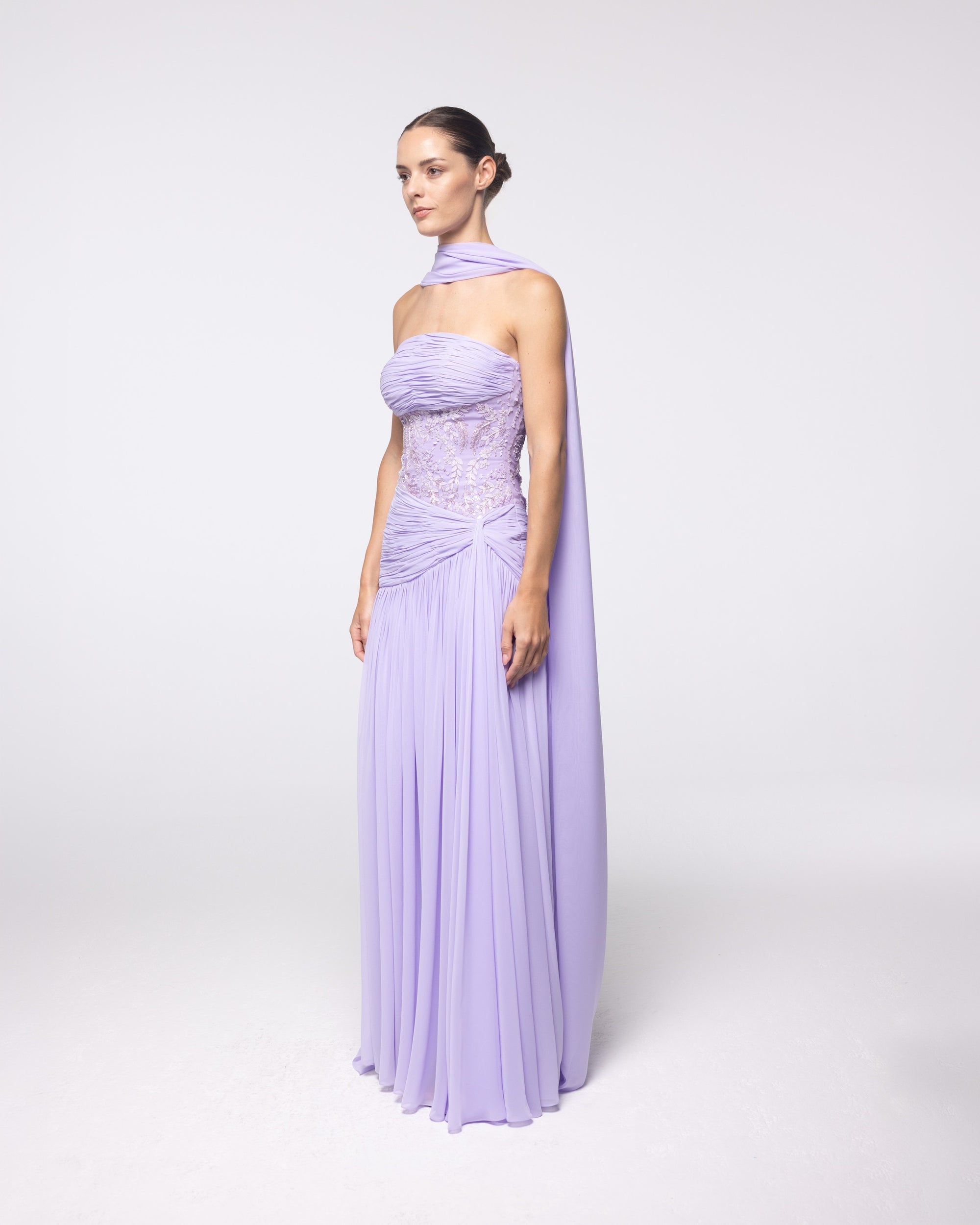 Calliope Lavender Ruched Embroidered Gown, front view | Helen of Troy SS27 | Maison MOOEi