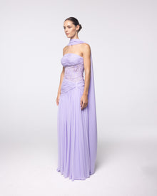 Calliope Lavender Ruched Embroidered Gown, front view | Helen of Troy SS27 | Maison MOOEi