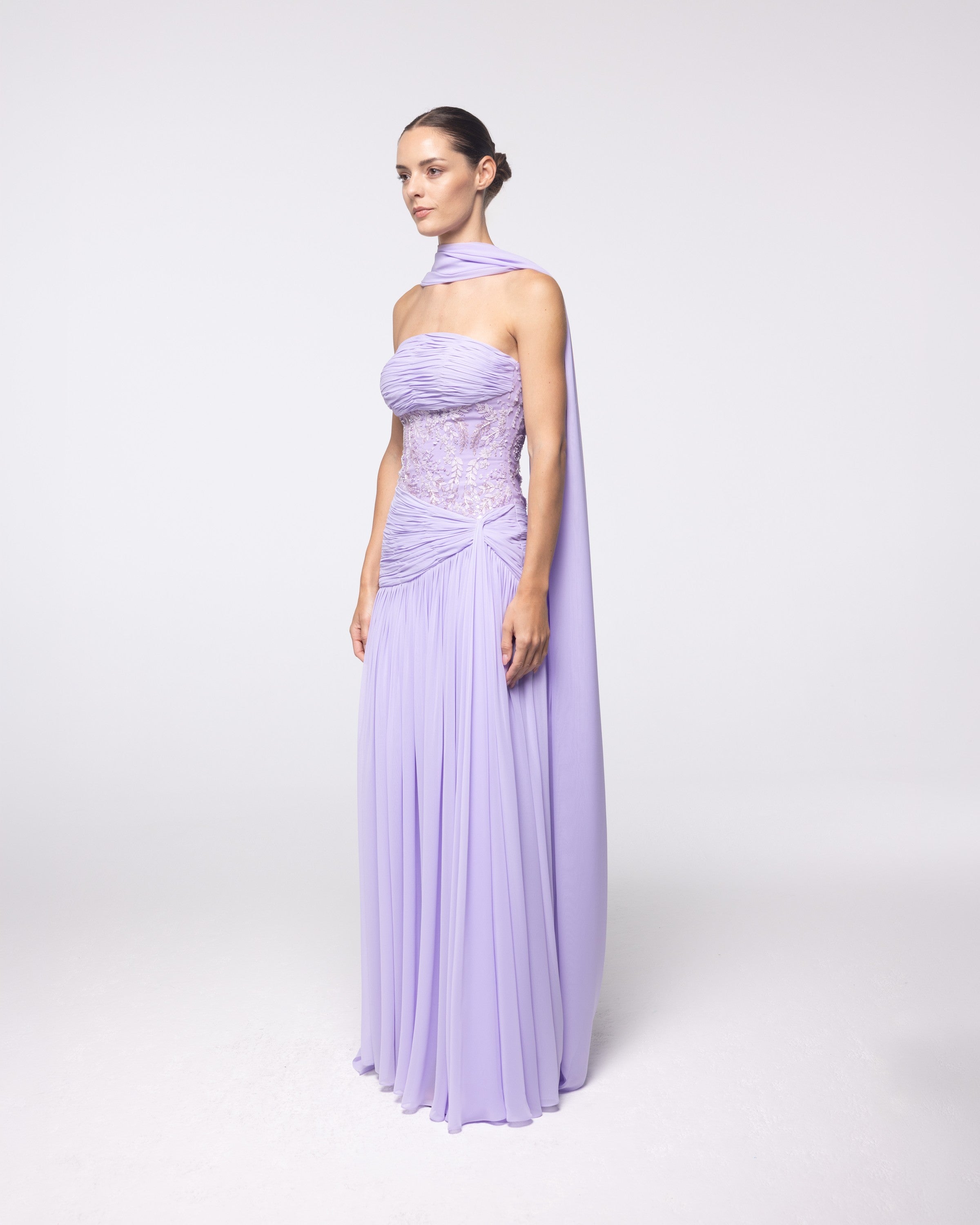 Calliope Lavender Ruched Embroidered Gown, front view | Helen of Troy SS27 | Maison MOOEi